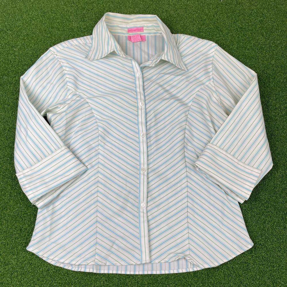 She's Cool Stretch Blue Striped 3/4 Sleeve Button Down Shirt Sz L